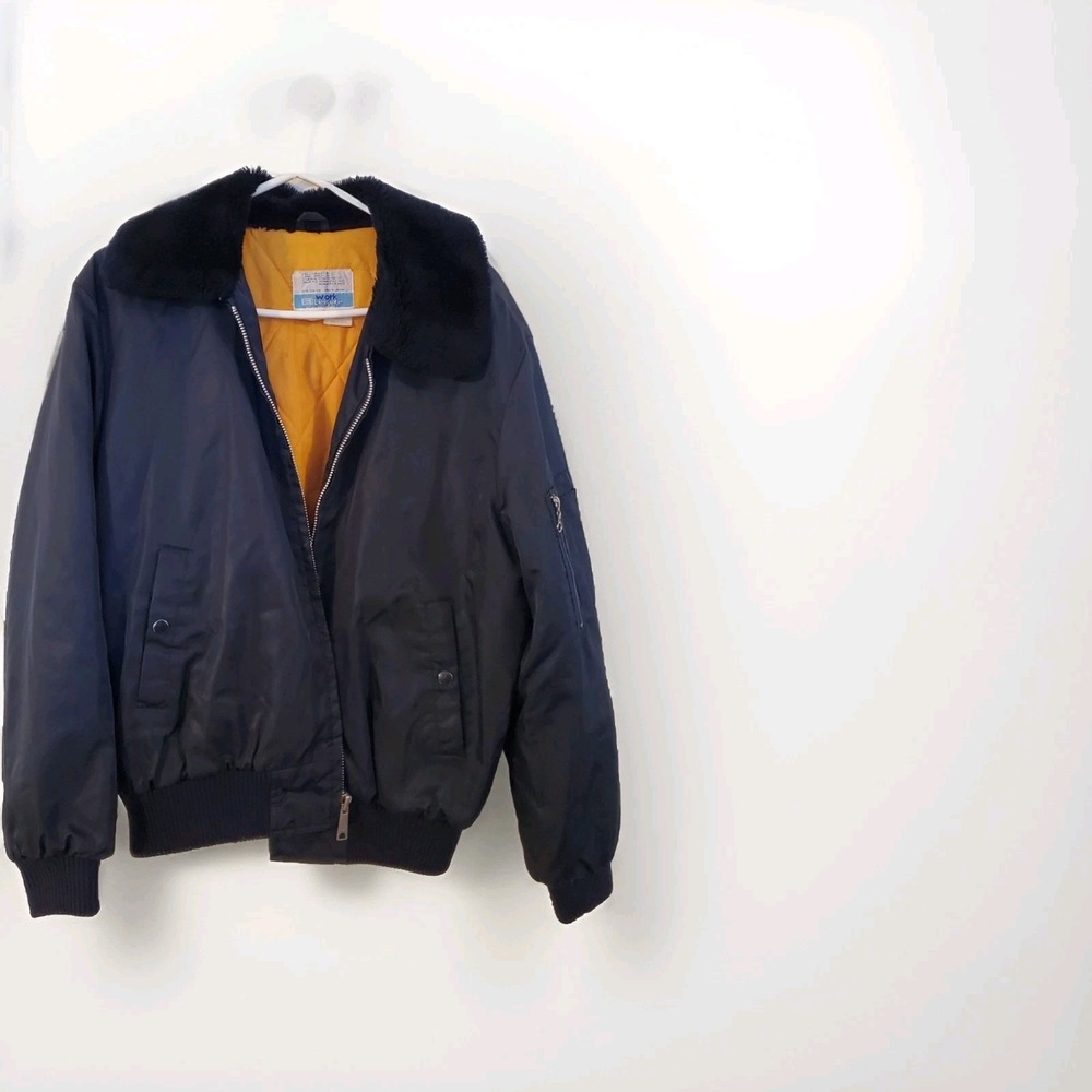Vtg 70s Sears Work Leisure Bomber Flight Jacket Faux Fur Collar Black Japan L